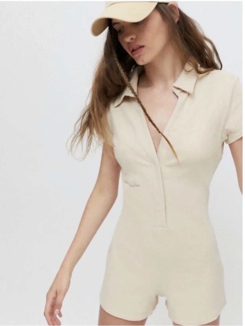 EUC Urban Outfitters Remi Ribbed Polo Romper In Cream size small